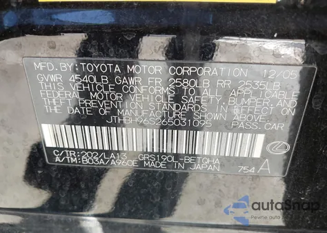 2006 Lexus Gs 300 z USA, uszkodzony, nr VIN JTHBH96S265031095